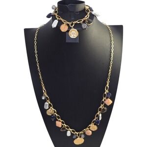 Talbots Gold Tone Charm Necklace Bracelet Set Multi Gemstone‎ Beads Coin Accents